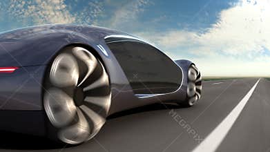 Electric car on highway in sandy desert. Back view. 4k animation.