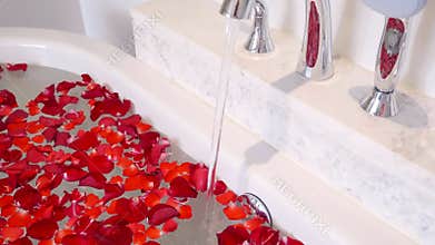 Water Tap in Luxury Marble Bathroom Flowing Water to Bath with Red Rose Petals