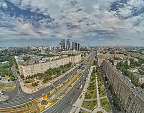 Moscow International Business Center and triumphal arch near poklonnaya hill in Moscow. Panorama. Aerial view