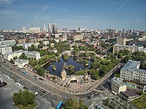 Moscow zoo on barrikadnaya station. High aerial panoramic view from drone. Moscow, Russia. Summer