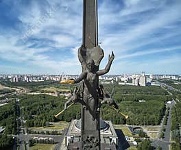 Moscow, Russia - July 05, 2019: Victory Monument on Poklonnaya Hill in Moscow. Closeup view of monument from drone