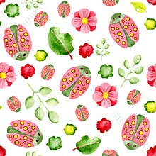 Watercolor seamless pattern with beetles and plants. For design of background, pattern, wallpaper, wrapper, print, fabric, clothes