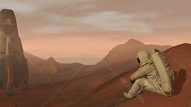 Colony on Mars. Astronaut sitting on Mars and admiring the scenery. Exploring Mission To Mars. Futuristic Colonization