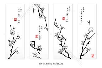 Watercolor ink paint art vector texture illustration cherry blossom flower branch banner. Translation for the Chinese word :