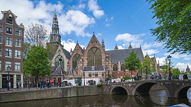 The Oude Church in Amsterdam city, Netherlands time lapse