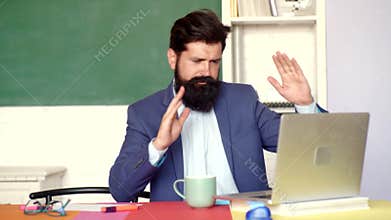 Funny exam in college. Crazy teacher preparing for university exams. Young teacher. Good teachers enjoy teaching