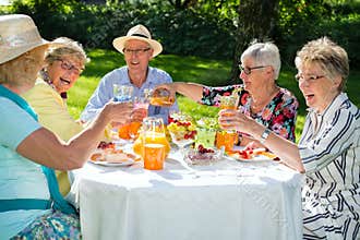 Happy elderly people sitting around the table picnicking.