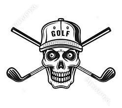 Skull of golfer in cap and two golf sticks vector