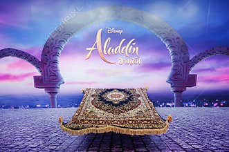 A photo of movie standee of a magic carpet in front of a twilight scene in Aladdin to promote the movie Aladdin 2019 in cinema