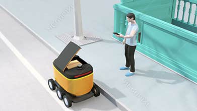 Low polygon style man using smartphone to unlock self-driving delivery robot`s door