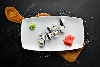 Sushi roll with fish. free space for your text.