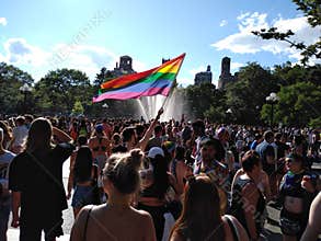 Gay Pride Flag, NYC Pride Parade 2019, WorldPride, World Pride, Greenwich Village, Washington Square Park, NYC, NY, USA