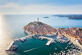 Beautiful Rovinj at sunset. Aerial photo. The old town of Rovinj, Istria, Croatia