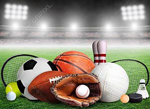 Sports Equipment, Rackets and Balls in Stadium Background