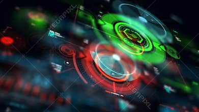 3D Rendering flying pass through hud head up display interface with ui map graph bar element for futuristic cyber technology conce