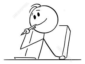 Vector Cartoon of Creative Man or Businessman or Writer Thinking About Something With Ballpoint Pen in Mouth