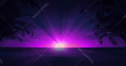 Purple early evening sky with shining sun surrounded by tropical palm beach