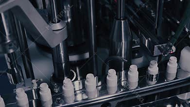 Drug Production. Medical vials on pharmaceutical manufacturing line. Medical ampoules on automated production line at