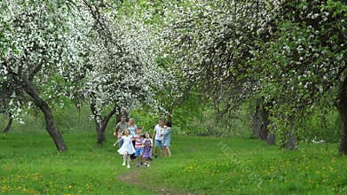 Two families with children in spring garden. Best friends walk in park