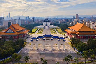 Aerial view of National Chiang Kai shek Memorial Hall in Taipei Downtown, Taiwan. Financial district and business centers in smart