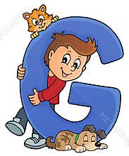 Boy and pets with letter G