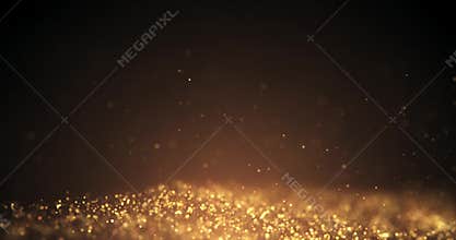 Gold Particles Moving Background.Particle from below. Particle gold dust flickering on black background.