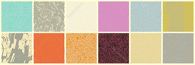 Abstract lines seamless patterns, vector modern trnedy backgrounds set. Organic patterns with color memphis dots and irregular