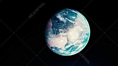 Abstract beautiful sunrise world skyline, planet Earth from space. Animation. Rotating planet Earth under the bright Sun