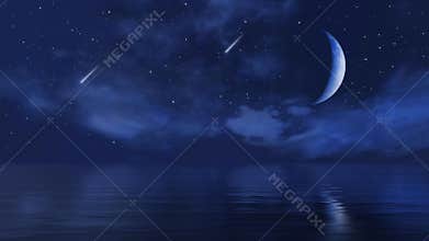 Moon and falling stars in night sky above calm ocean