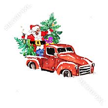 Watercolor hand drawn artistic colorful retro vintage car  with  Santa Christmas  tree and gift boxes  isolated on white backgroun