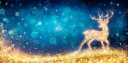 Christmas - Magic Golden Deer In Shiny Blue