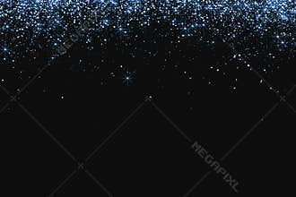 Waterfalls of blue silver glitter sparkle bubbles particles stars on black background, valentine day love relationship holiday