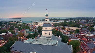 Aerial drone footage of Annapolis at dusk