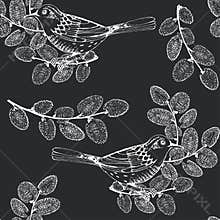 Seamless pattern with birds and willow branches on black background. Hand-drawn vector Illustration. Spring background.