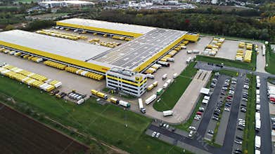 Aerial view of Deutsche Post DHL GroupÃ‚â‚¬Ã‚â„¢s parcel distribution hub