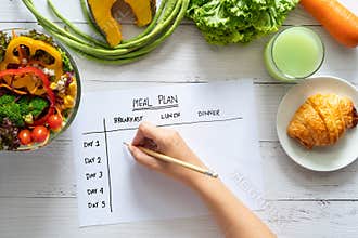 Calories control, meal plan, food diet and weight loss concept. top view of hand filling meal plan on weekly table with salad