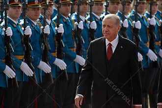 BELGRADE, SERBIA - 7 October 2019: Turkish President Recep Tayyip Erdogan inspects the honour guard in Belgrade