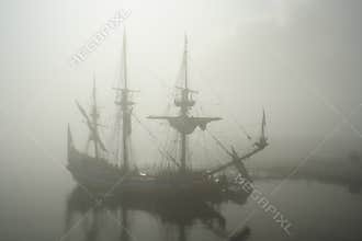 Old sail ship (Pirate?) in the fog