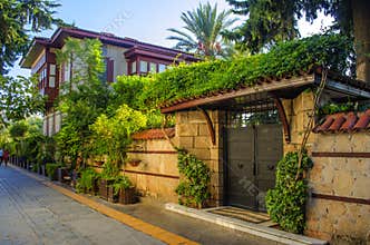 Turkey, Antalya, October 14, 2018. Cozy apartment building with many green plants.
