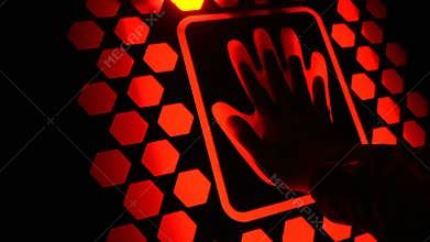 Man put his hand on the futuristic fingerprint scanning device biometric security