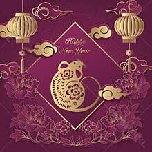 2020 Happy Chinese new year of retro elegant relief peony flower lantern rat cloud ingot and spring couplet