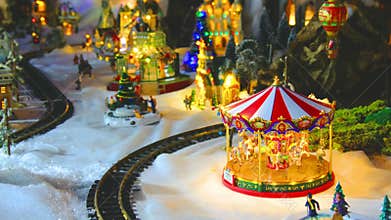 Vintage toy store with carousel train and balloon in white snow christmas set