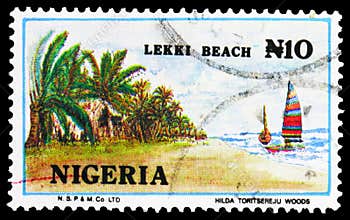 Postage stamp printed in Nigeria shows Lekki beach, circa 1992