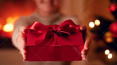 Closeup 4k video of young woman holding beautiful red gift box with big ribbon and bow next to Christmas tree and