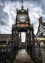 The famous Eastgate Clock, viewed from the historic city walls in the city of Chester, UK