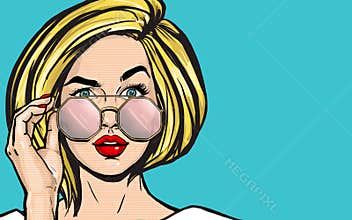 Surprised Pop Art Woman in glasses. Thinking blonde young sexy girl with open mouth. Expressive facial expressions. Wow face.