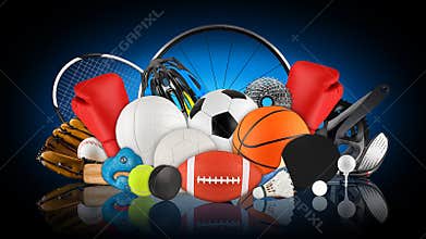 Huge collection stack of sport goods and balls gear bicycle wheel equipment from various team and individual sports dark blue