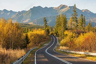 Autumn Fall Road Landscape with view of the Tatra Mountains