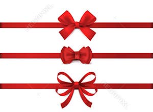 Red realistic bow. Horizontal red ribbon collection. Holiday gift decoration, valentine present tape knot, shiny sale