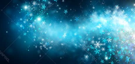 Winter Christmas and New Year glittering snow flakes swirl on black bokeh background, backdrop with sparkling blue stars